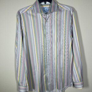 Bugatchi Men's Colorful Stripe Button-Up Shaped Fit Shirt Large!